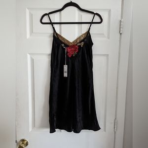 Black Slip Nightgown Real Silk Lace Embroidered Black Small